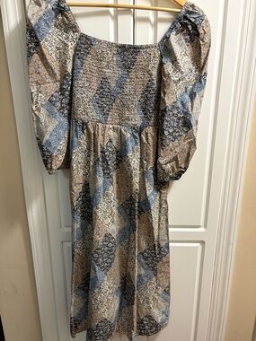 Time and Tru Blue and Tan Patchwork Smocked Dress